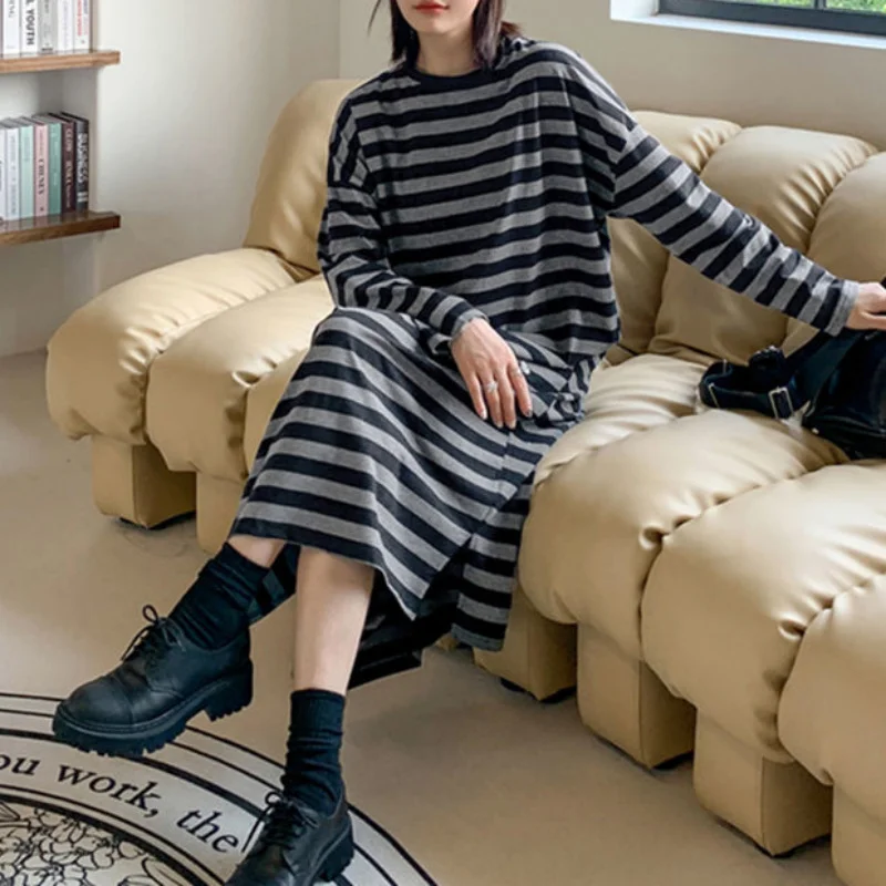 

Korean Fashion Women Oversized Black Gray Striped Dress Spring Autumn New Versatile Casual Side Slit Loose Long Sleeve Dresses