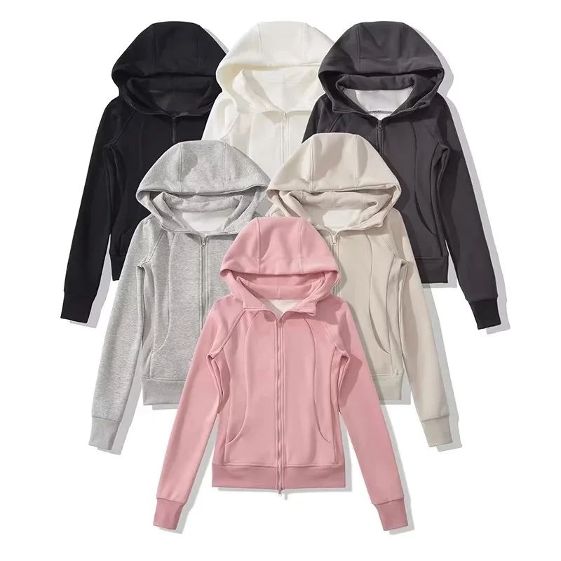 2024 American INS Sports Double Zipper High Neck Hooded Sweatshirt Women's Solid Color Slim Fit Long Sleeved Cardigan Jacket