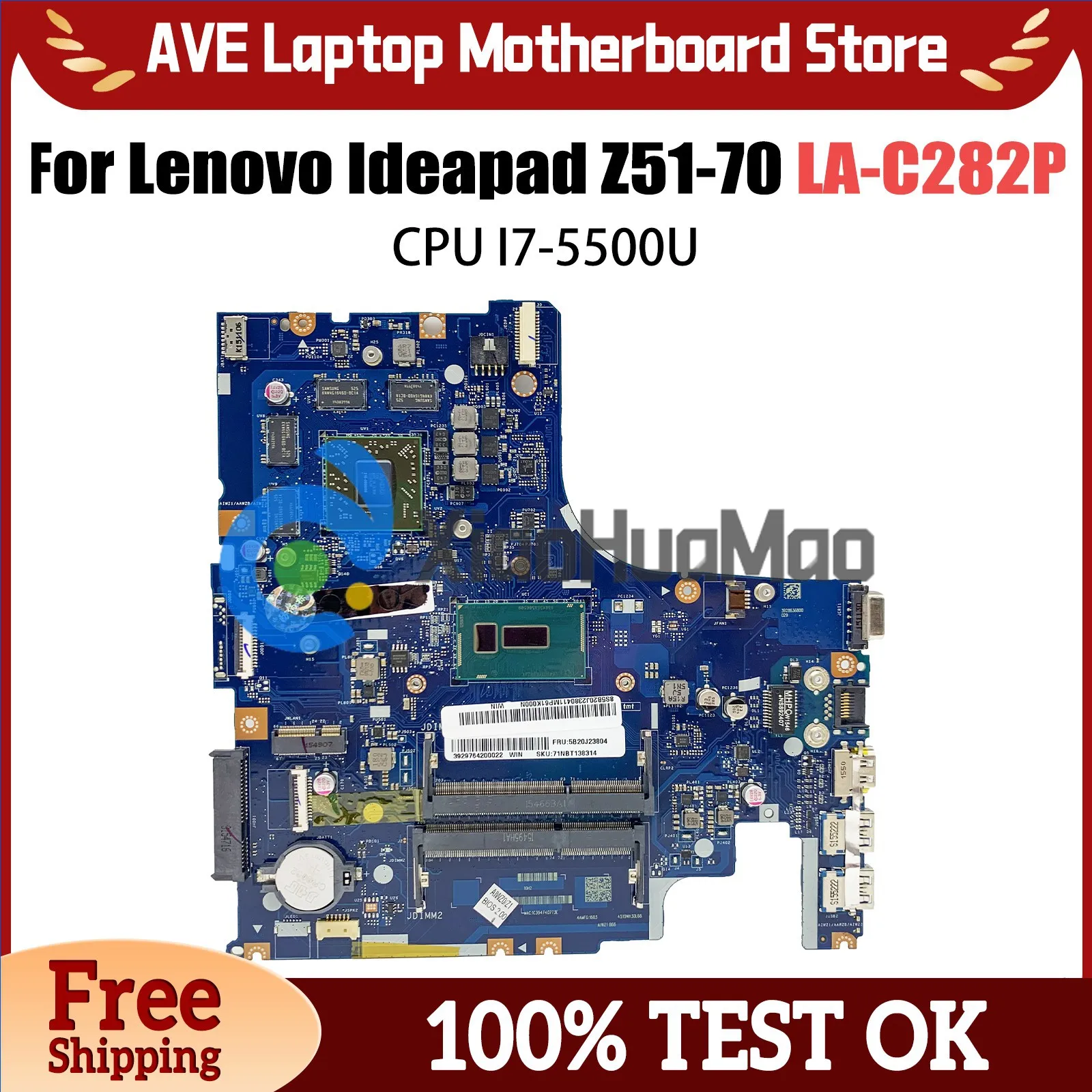 

Laptop motherboard For LENOVO Ideapad Z51-70 Notebook Mainboard With i7-5500U CPU LA-C282P 5B20J23649 216-0866000 DDR3