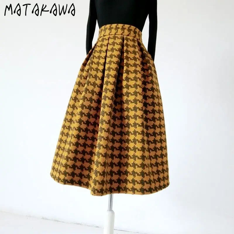 

Matakawa Plaid Woolen Skirts for Women Retro Elegant Autumn Winter Korean Fashion Faldas Mujer A-line Contrast Color Long Skirt