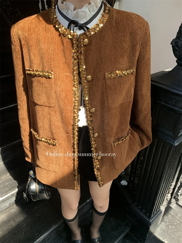 Corduroy Sequined Maillard Brown Jacket and A Line Short Skirt Two Piece Set Women's Spring Autumn Vintage Elegant Outfit