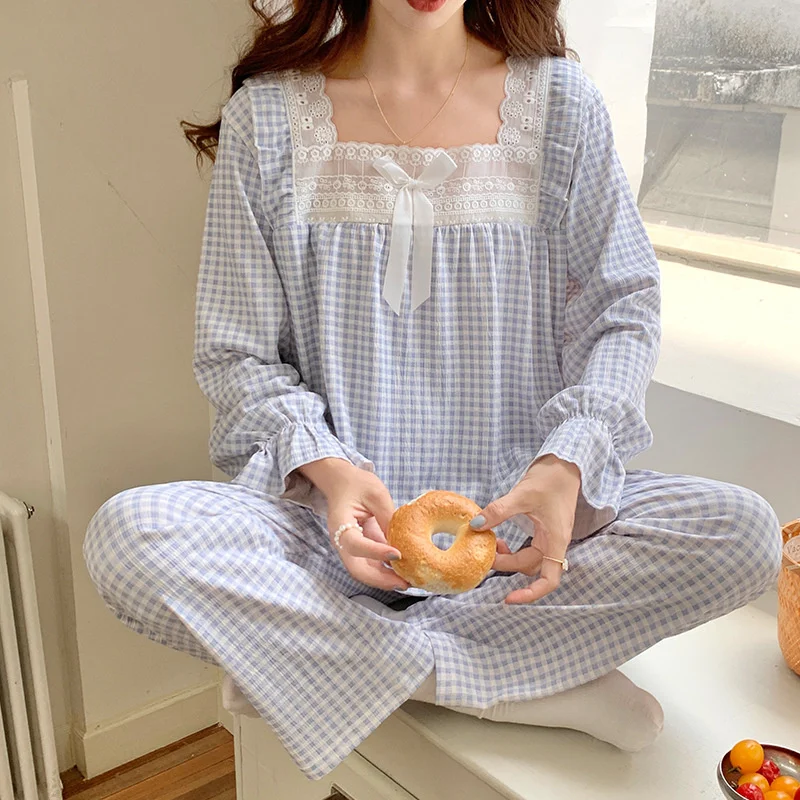 Spring Autumn Princess Style Print Sleepwear Set Long Sleeve Top Pants Ruffle Home wear Skin-Friendly Breathable Pajama