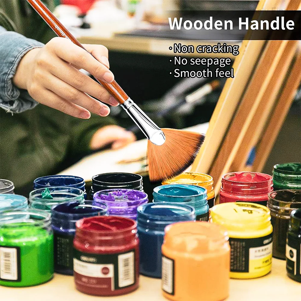 مجموعة فرش طلاء مروحة الفنان مكونة من 9 قطع، أطراف فرشاة مضادة لتساقط الشعر من النايلون، مقبض خشبي لعقد مريح، أكريليك O #6