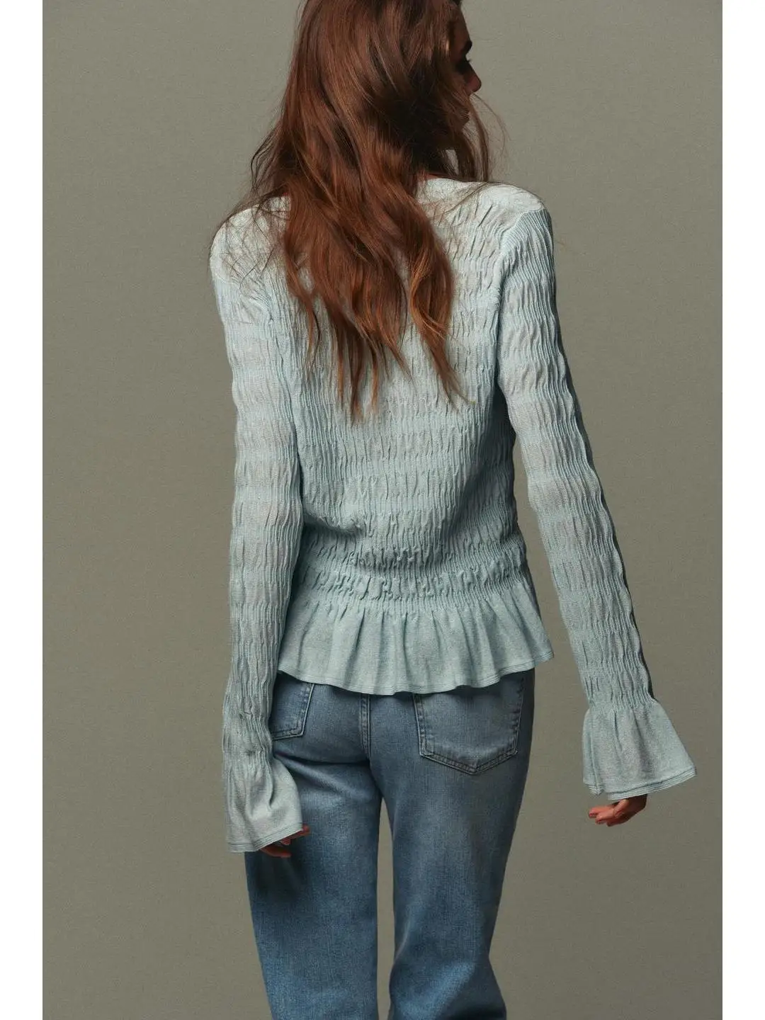 เสื้อสเวตเตอร์ถักไหมพรมผู้หญิง แขนยาว คอวี ติดกระดุม แต่งระบายหลายชั้น สไตล์แฟชั่นฤดูใบไม้ร่วง