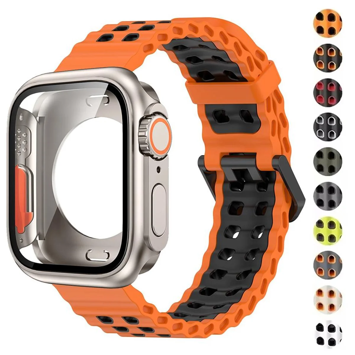 Silikonarmband + Hülle für Apple Watch Serie 11 10 9 8 7 6 5 4 Wechseln Sie auf Ultra3 2 49 mm zweifarbiges Sportarmband Glasschutzbu