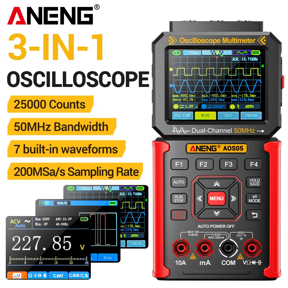ANENG AOS05 3-in-1 Digital Oscilloscope Multimeter Signal Generator 50MHz Dual Channel 200MS/s Sampling 25000 Counts True RMS Handheld Multimetro Waveform Generator Electronic Repair Tester