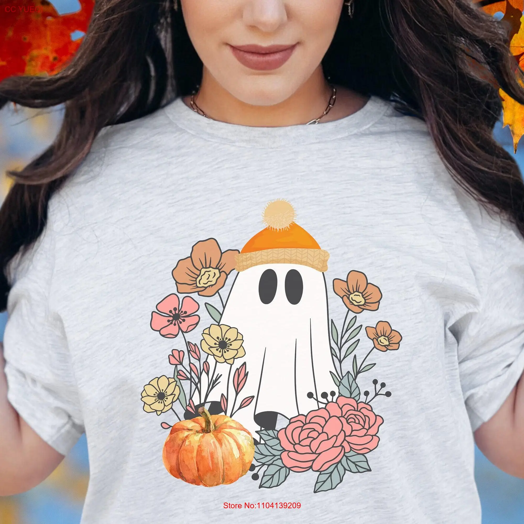 Halloween GhosT T Shirt Cute Wildflowers Cottagecore Womens Fall coquette pumpkin Whimsigoth Spooky Season Momster Mom