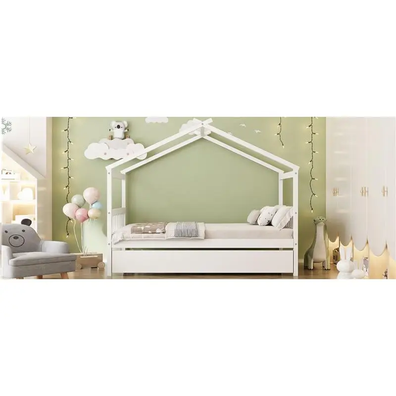 سرير منزل خشبي مزدوج الحجم مع دولاب، لمسة نهائية بيضاء