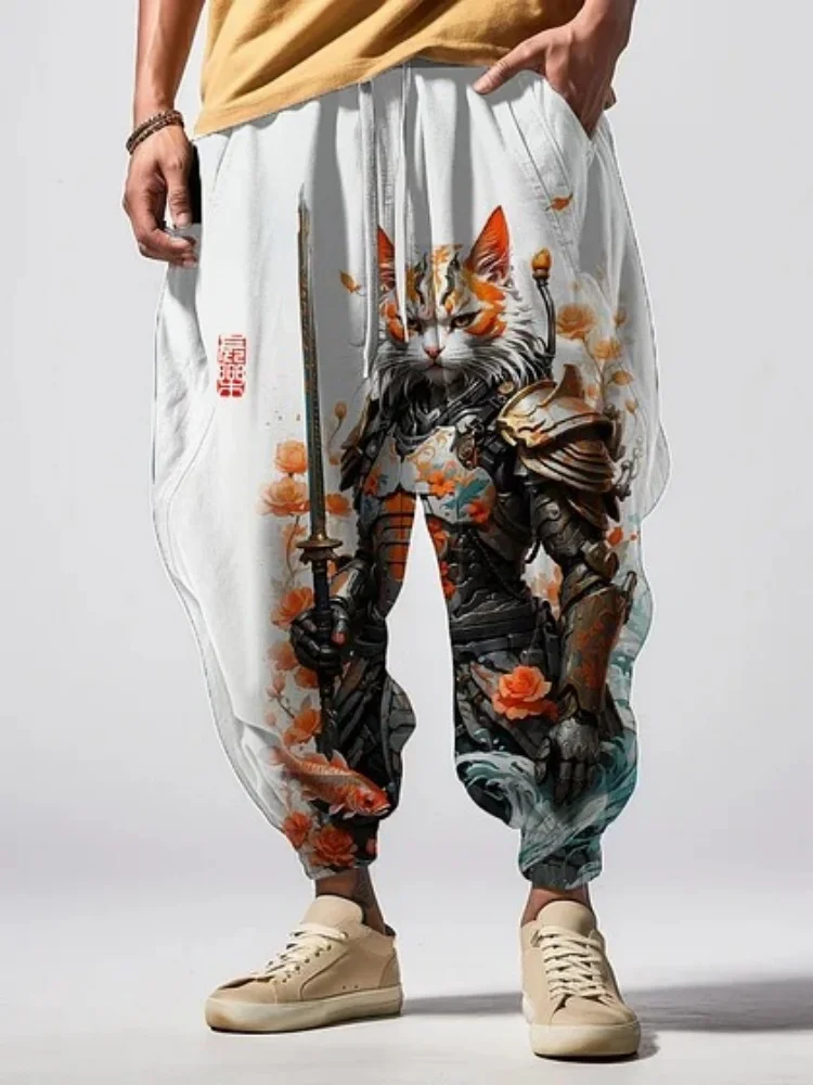 

Men's Japan Korean Harem Pants Holiday Chic Oversize Elastic Waisted Sweatpants Autumn Retro Cat Printed White Sports Pantalones