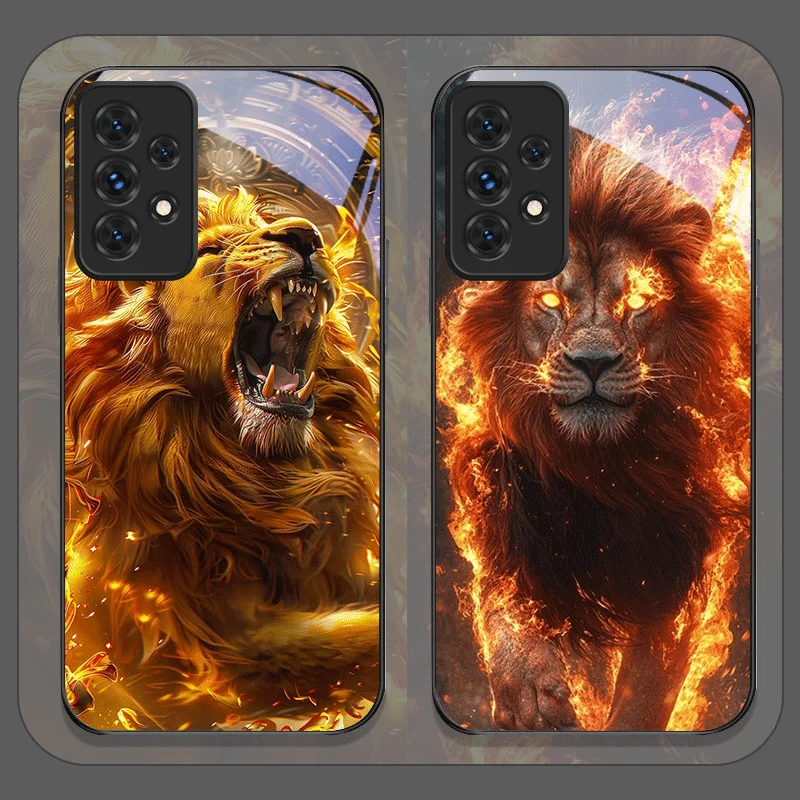 Funda de teléfono de cristal templado con diseño de león y llama dorada de lujo para Samsung Galaxy A06 A72 A55 A54 A53 A52 A36 A15 A14 A13