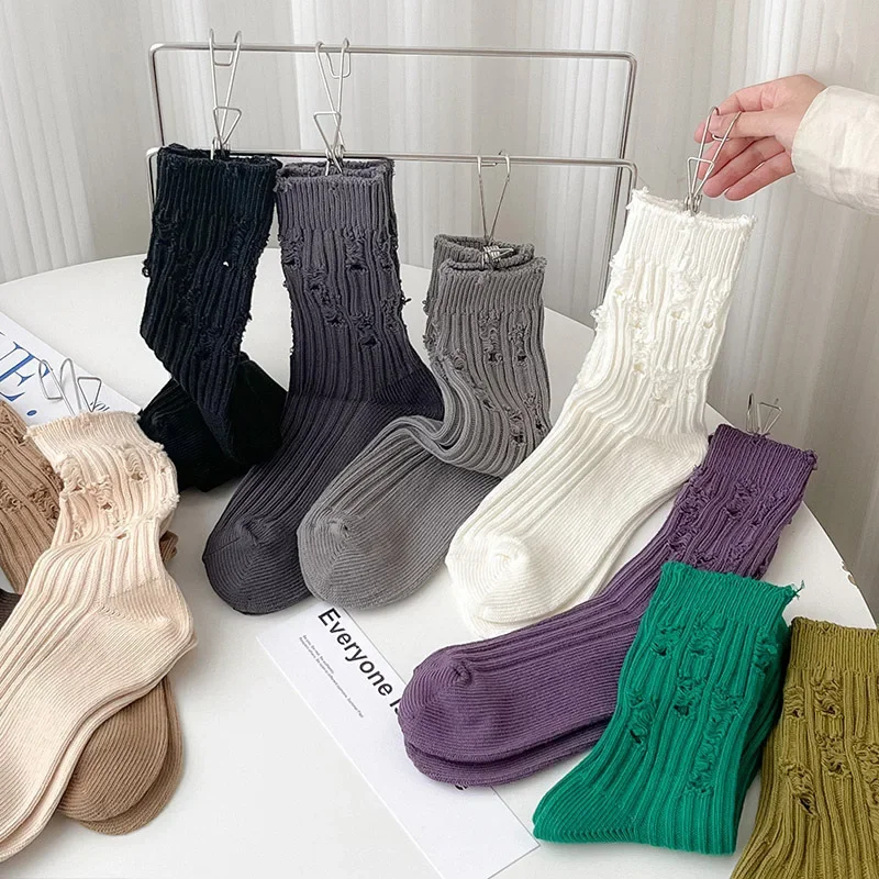 Calcetines largos de algodón para mujer, medias de tubo medio, absorbentes de sudor, transpirables, con agujeros, de alta calidad, Color sólido