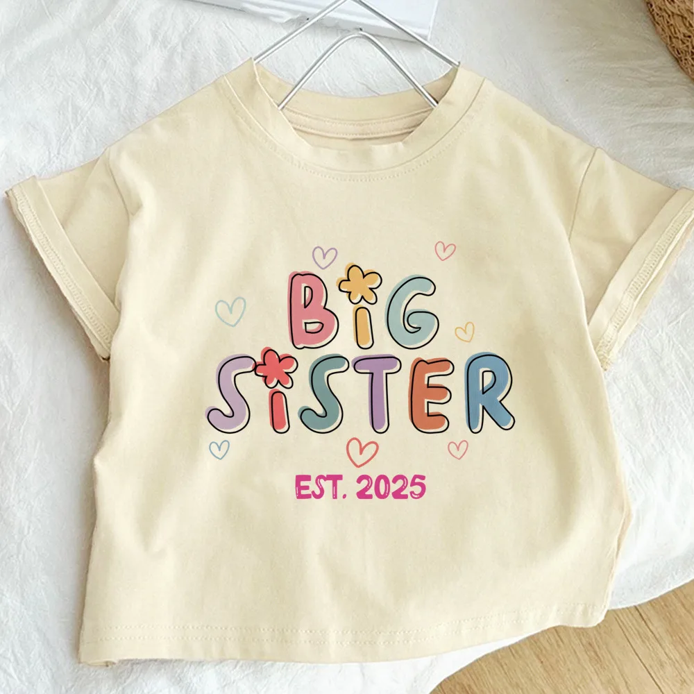 big sister 2025 print Retro kids t-shirt Pregnancy announcement tee casual fashion short sleeve child tees shirt summer clothes