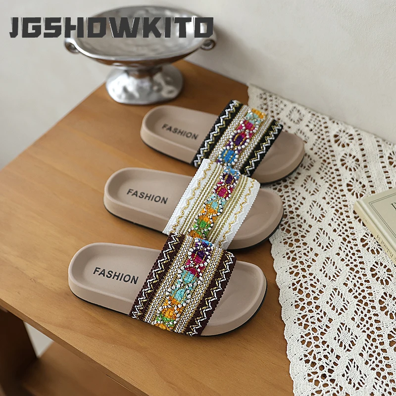 

JGSHOWKITO Elegant Kids Woven Summer Slippers Boho Children Outdoor Beach Slippers Thick Bottom Non-slip Girls Open-toe Slippers