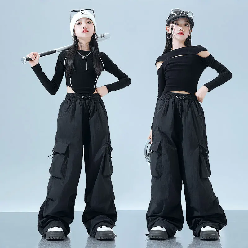 Kinder Jazz Dance Kostüm Set Hip Hop Schwarz Enge Crop Top Mädchen Bühne Laufsteg Mode Langarm Camouflage Hosen Kostüm