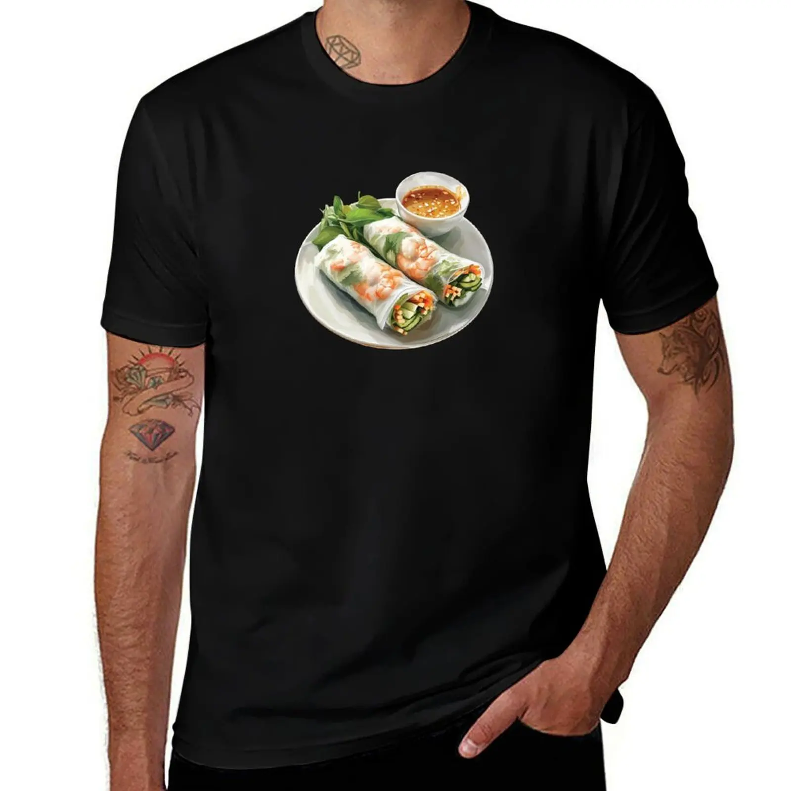 Rollito de primavera asiático con camarones frescos y salsa de cacahuete, camiseta sencilla para las fiestas