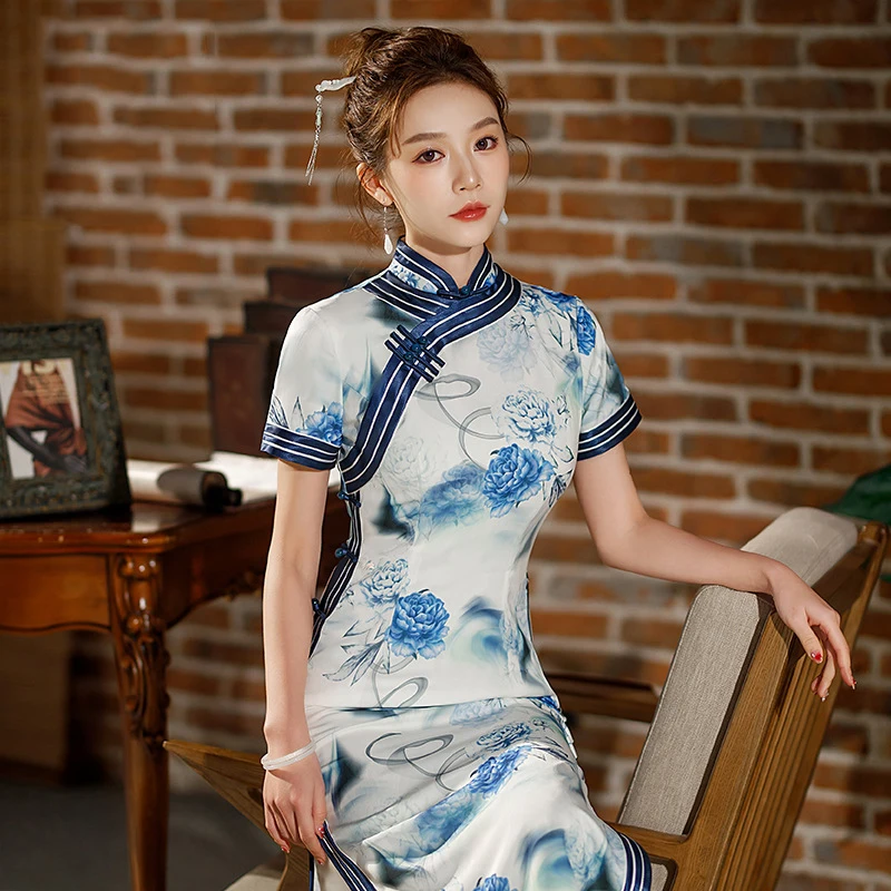 Yourqipao-Cheongsam longo e fino branco para mulheres, gola alta, moda, banquete do anfitrião, Qipao, estilo chinês, vestido de noite, verão