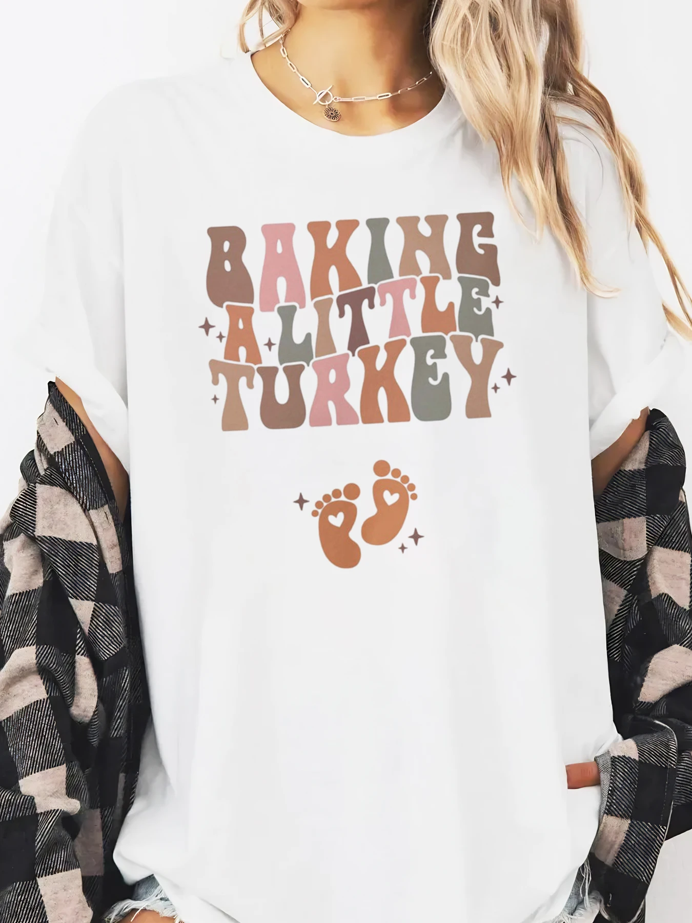 Baking A Little Turkey Print Thanksgiving Oversized T-shirt Women Pregnancy Casual Wear White Plus-size