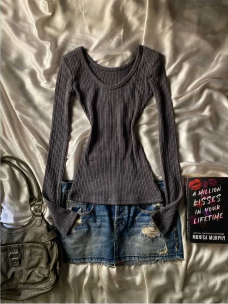 Outono novo fino manga longa com decote em v camisola feminina moda vintage estética magro malhas quente retro quente menina quente pulôver elástico