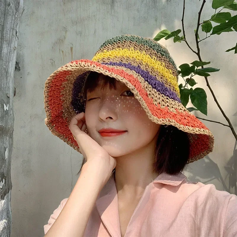 Fashion Rainbow Color Hand-woven Sun Hat for Women Summer Beach Caps Folding Sun Protection Korean Straw Hats Accessories