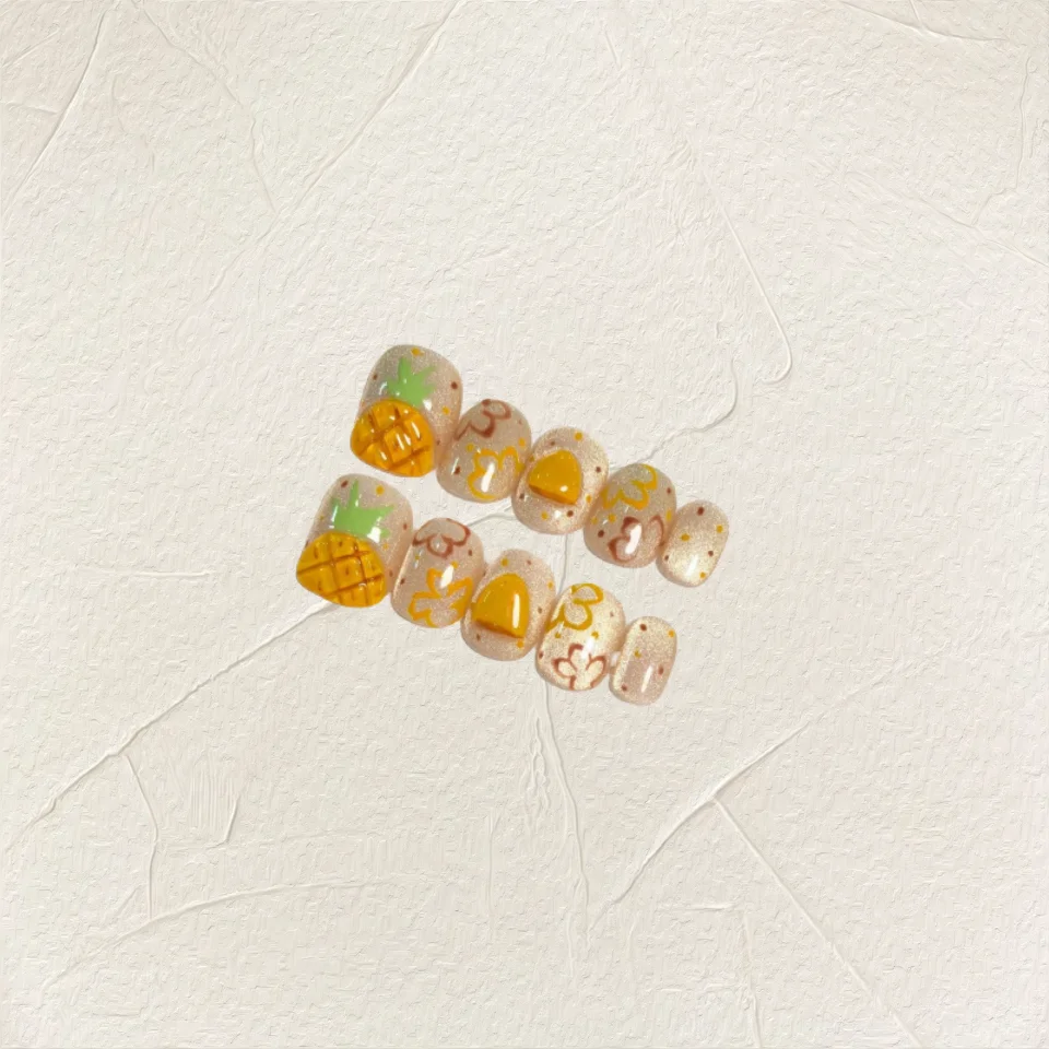 

10pcs Cute Pineapple & Flowers Removable Press-On Nails - Yellow Cat Eye Effect Short Oval False Nails for Women and Girls Wear