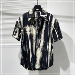 2024 New Summer Chic Punk Style Loose Casual Plus Oversize Ruffled Collar Tie Dye Print Versatile Short Sleeved Shirt for Men