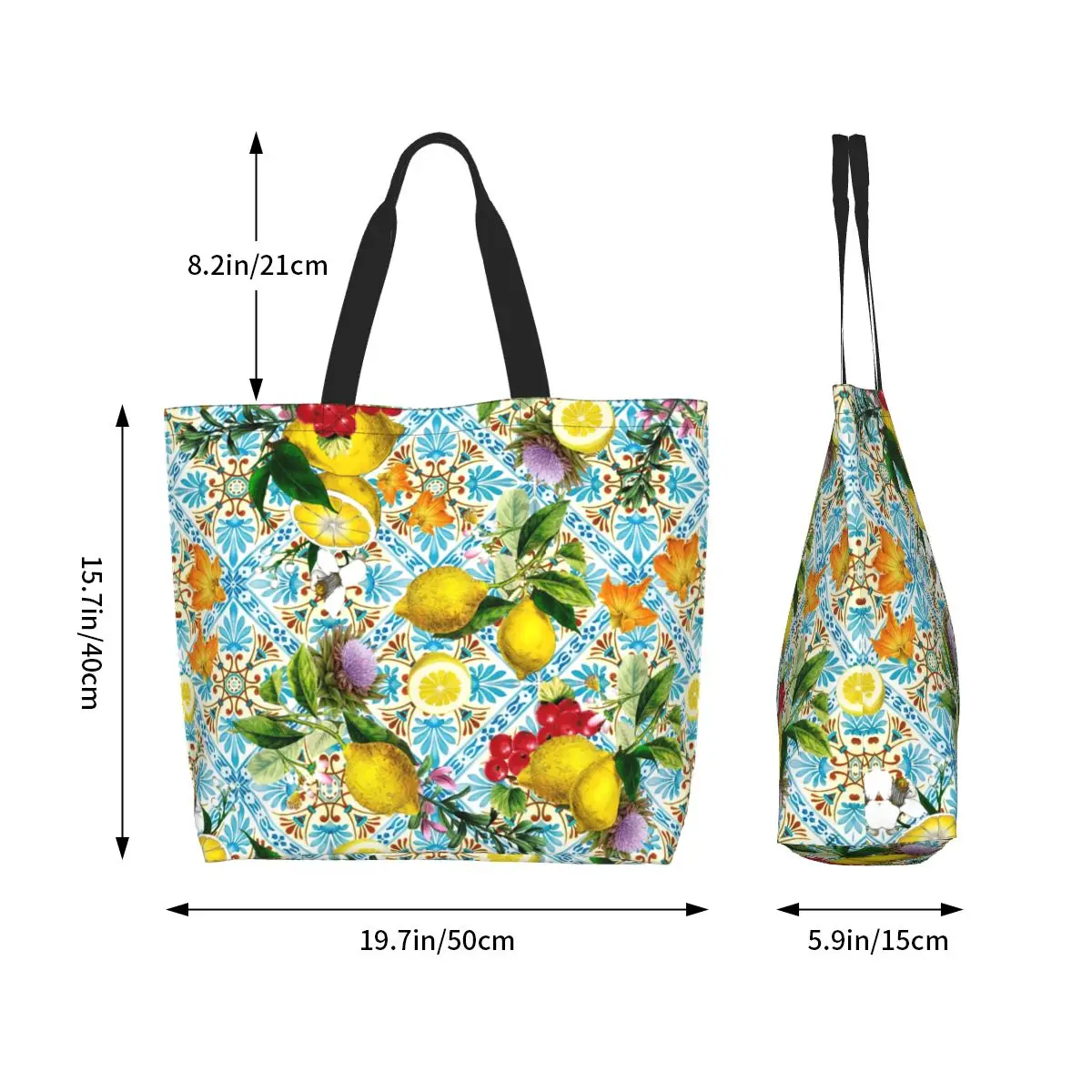 Custom Sicilian Lemons And Romantic Tiles Grocery Shopping Bags Canvas Shopper Tote Shoulder Bag Citrus Fruit Painting Handbag