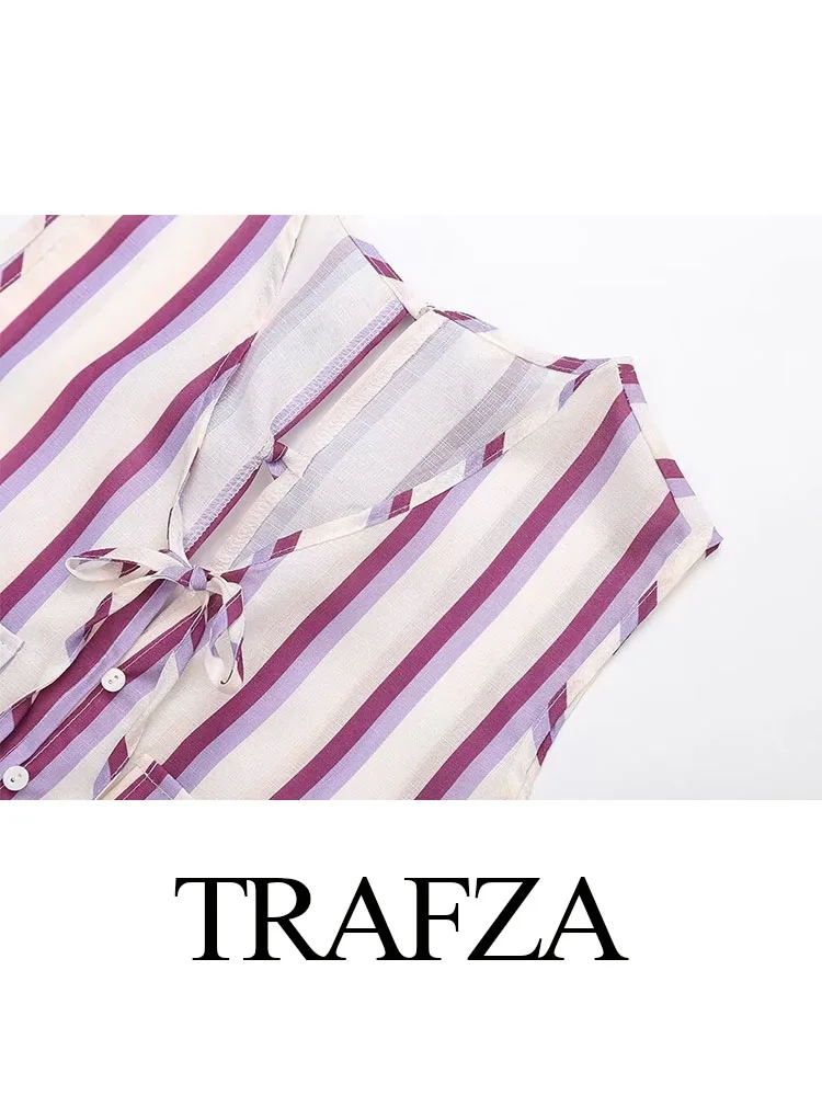 TRAFZA-Tops femininos sem mangas de colete de peito único, calça comprida casual solta de cintura alta, listra com renda para cima, bolso, decote em v, conjunto de 2 peças