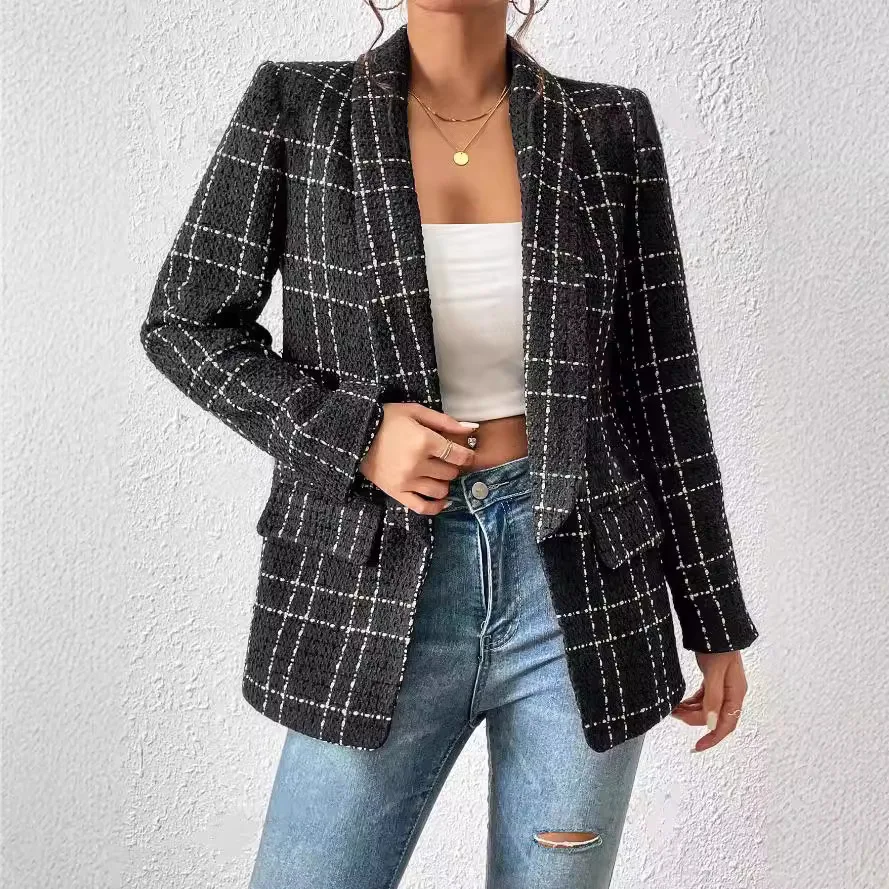2025 Autumn New Lapel Long-sleeved Plaid Suit Plaid Fashionable Simple Commuter Jacket Blazer Mujer