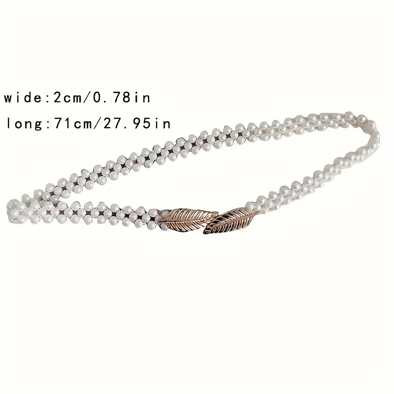 Golden Leaf Buckle Elastic Belts Elegant White Faux Pearl Waist Chain Adjustable Dress Girdle Body Jewelry For Women Girls