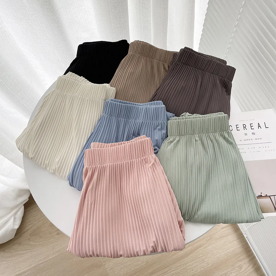 Ice Silk Wide Leg Pants Women\'s Summer Thin Ice Pants New High Waist Draping Casual Loose Pleated Straight Floor Trousers