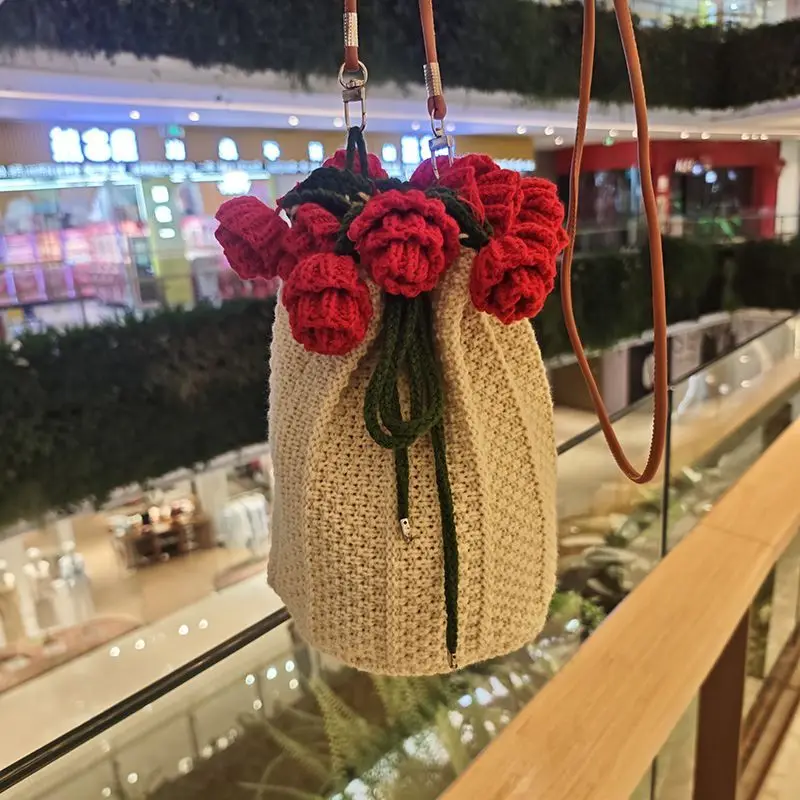 

Retro Handmade Crochet Rose Bucket Bag Women Drawstring Knit Crossbody Bag Ladies Daily Casual Versatile Chic Shoulder Bags 2025