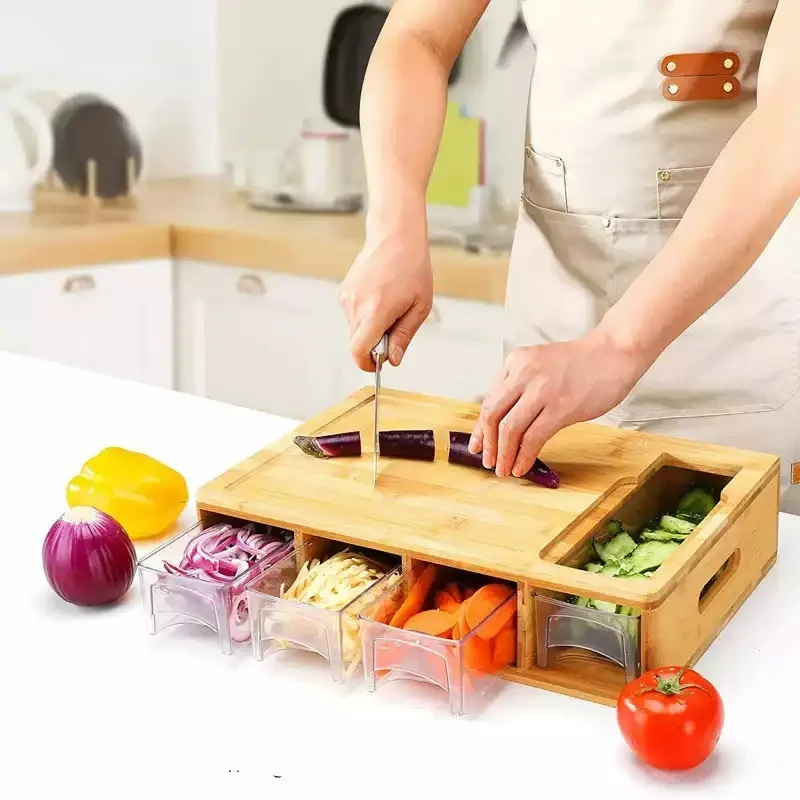 Bamboo Chopping Board with Storage Drawer, Household Kitchen Cutting Board for Food Prep & Sorting