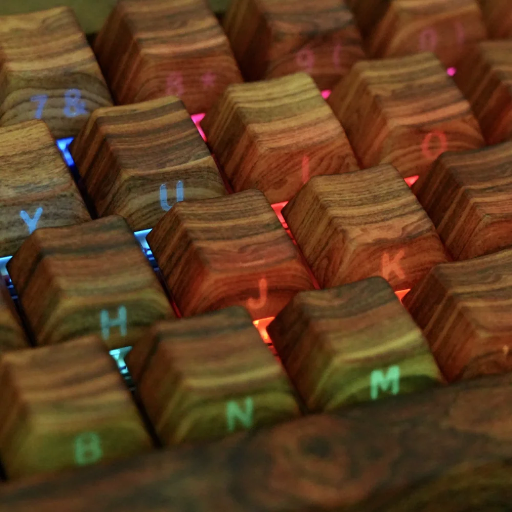 Wood Grain Keycap PBT 130 Key Side Engraved Translucent Keyboard Keychain Compatible with 60/64/84/98/108 Mechanical Keyboards