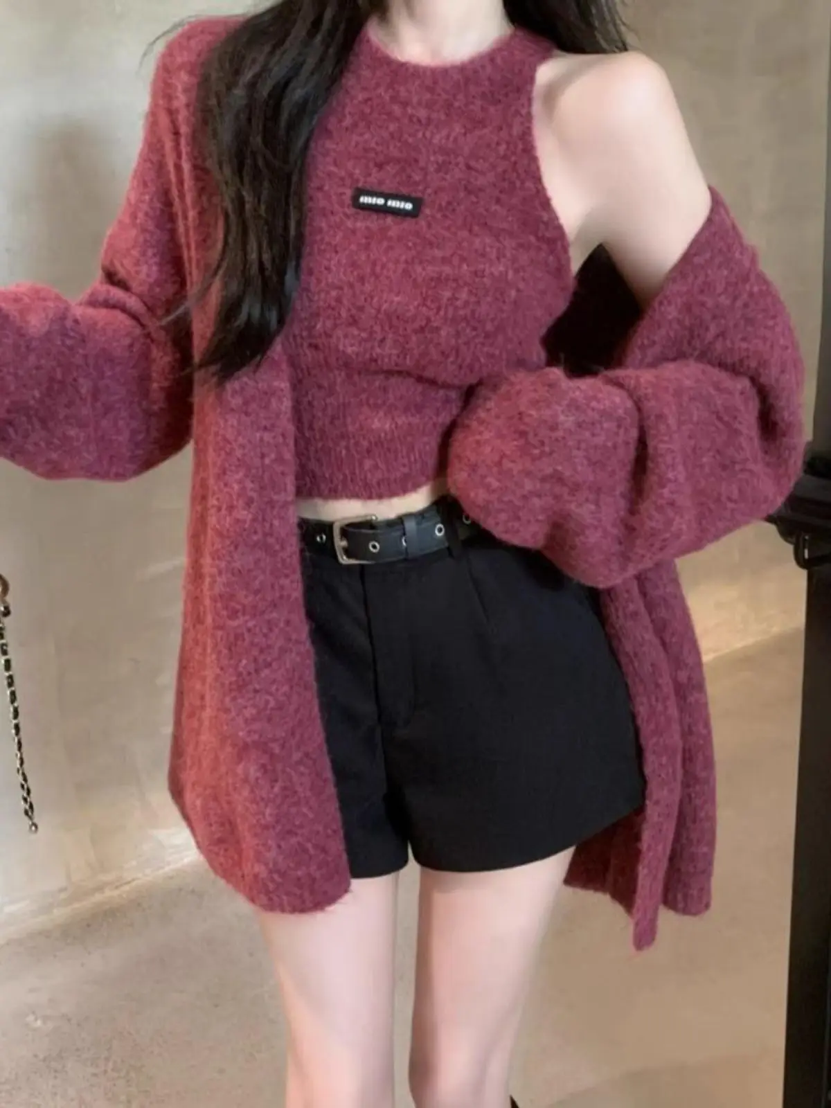 Purple Sweater Coat Women's Autumn Winter Soft Waxy Knit Cardigan Hanging Neck Coat Suspender Vest Two-piece Suit
