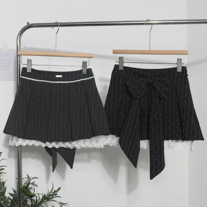IMU Cute Heart Print A Line Pleated Half Skirt Spliced Lace Bow Knot Mini Skirt Slim Fit Sweet Casual Short Skirt For Women 9339