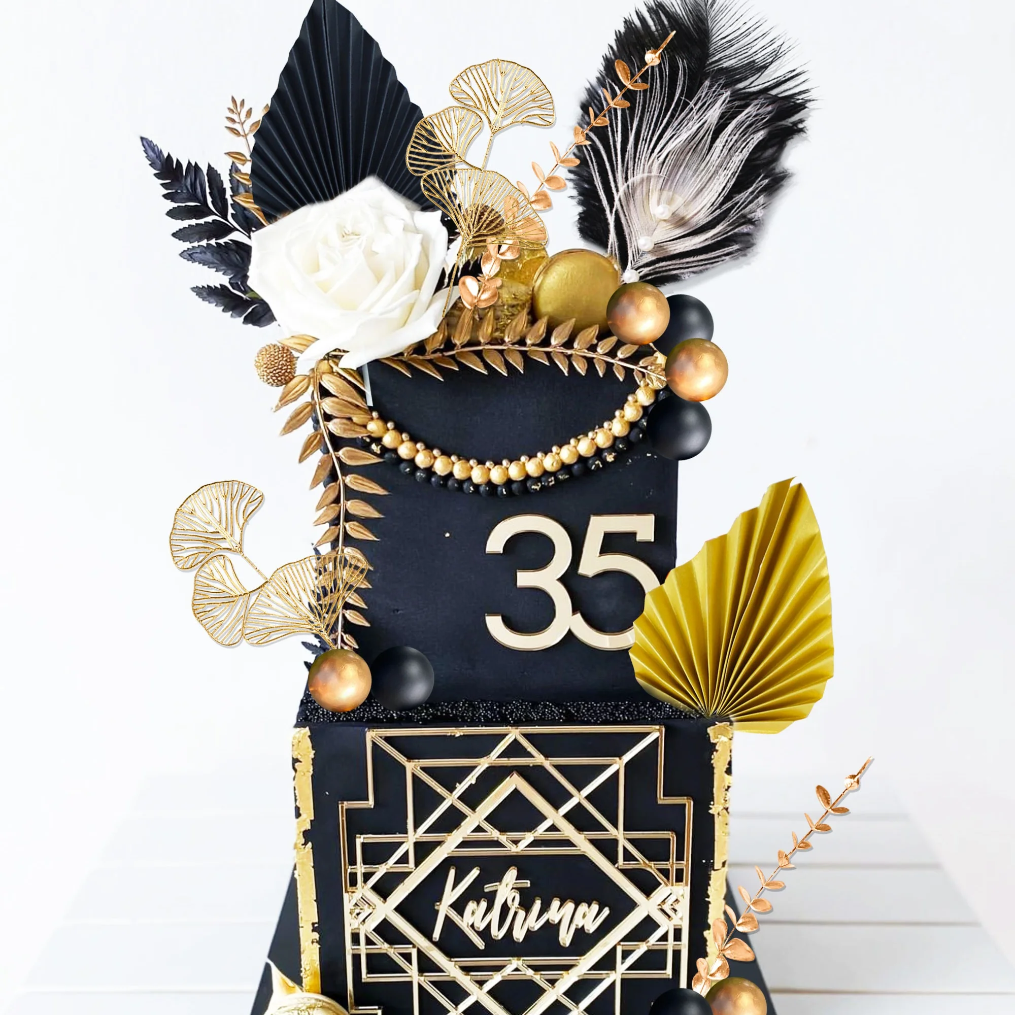 LaVenty Schwarzgoldene Kugeln, Tortenaufsatz, goldene Blätter, Kuchendekoration, Abschlussball, Kuchendekoration, brüllende 20er-Jahre-Kuchendekoration – Detail 4