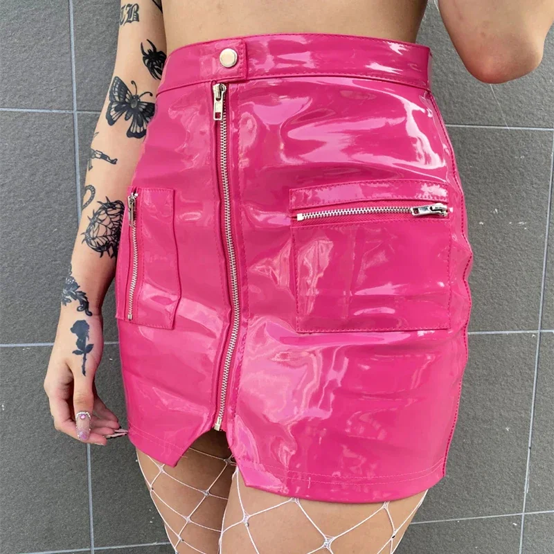 Women\'s Shiny Patent Leather Short Mini Skirt Zipper Split Faux Latex Sexy Pink Black PVC Nightclub New