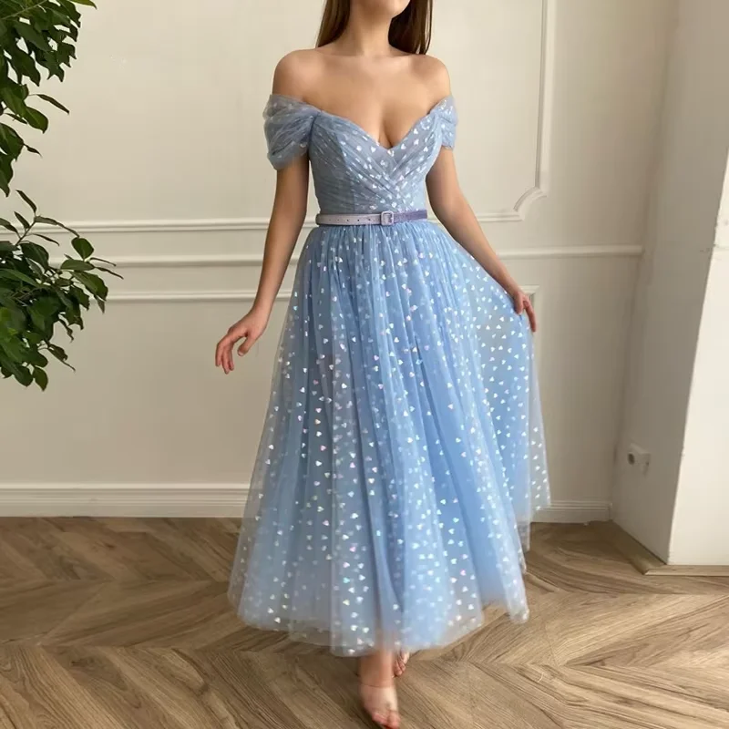 

Glitter Prom Dresses Off the Shoulder Cap Sleeves Shiny Fairy Evening Gown Love Tulle A-Line Celebrity Wedding Party Dress