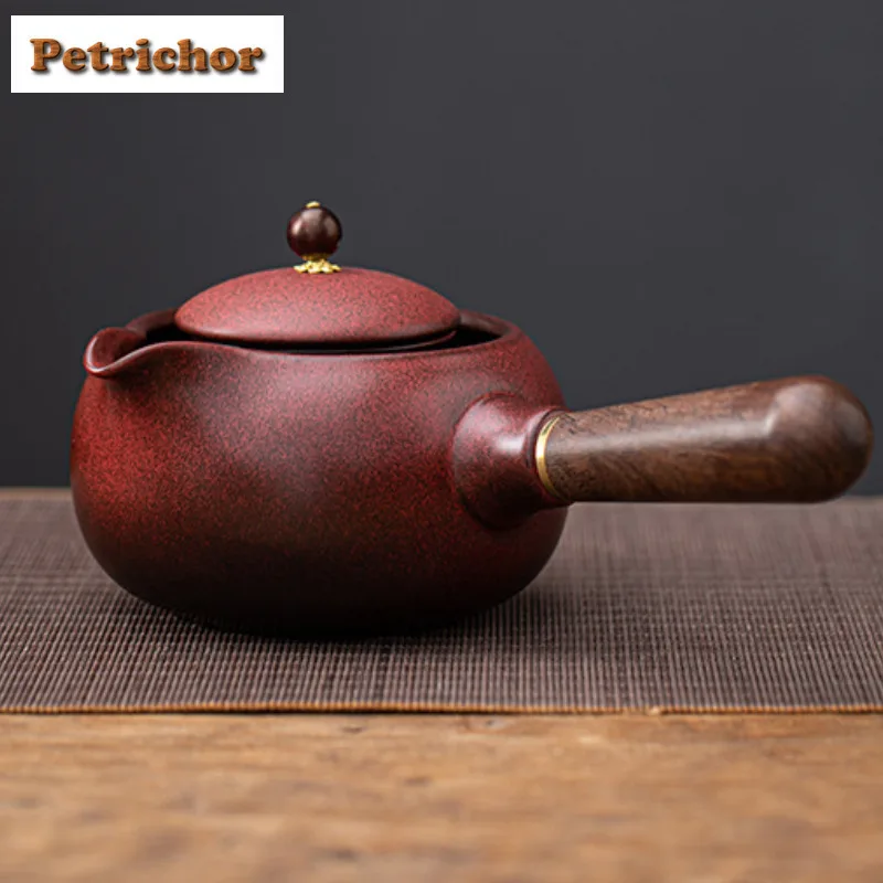 

Kiln Fambe Coarse Pottery Red Side Handle Teapot Boutique Tea Infuser Pot Tea Soaking Kettle With Ball Hole Chinese Teaset Craft