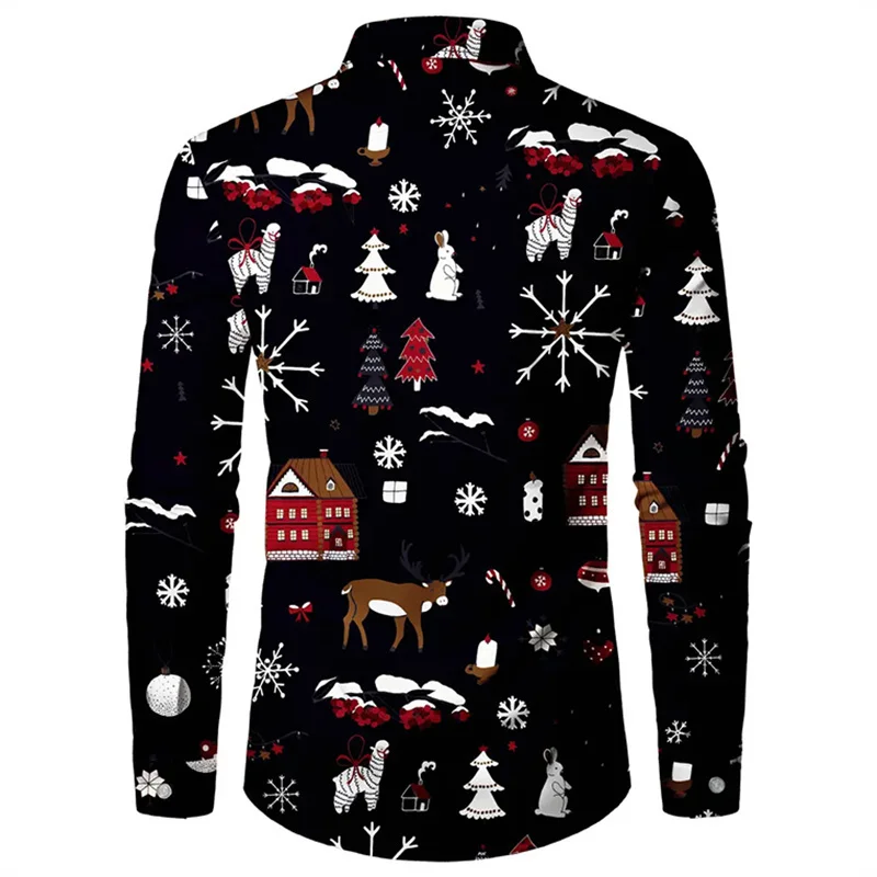 2024 Men\'s Long Sleeve Christmas Santa Fashion Casual Party Lapel Printed Comfortable and Versatile Plus Size Shirt