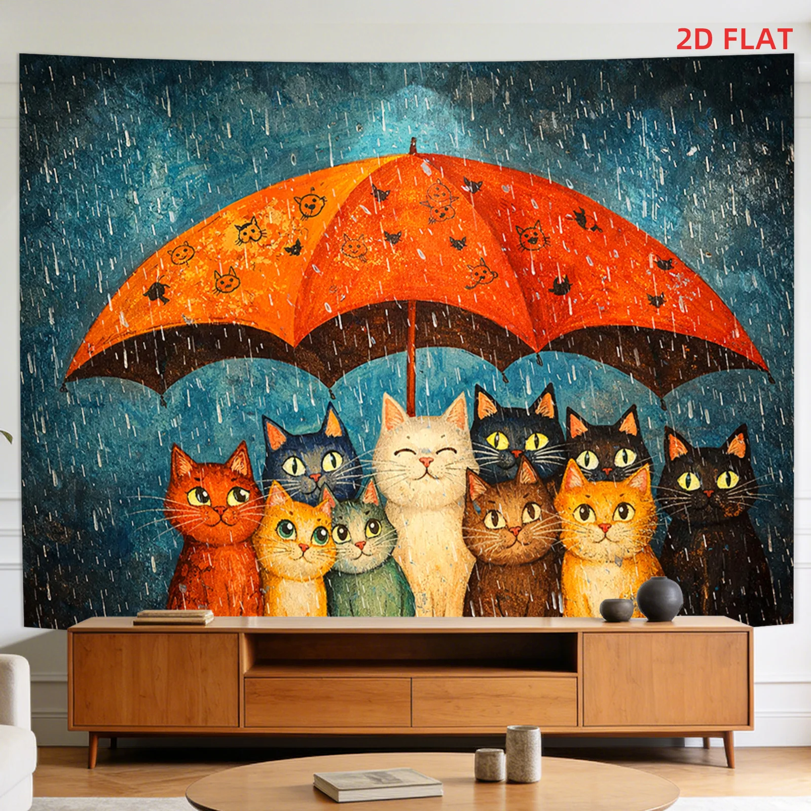 Cute Cats Under Umbrella Tapestry, Rainy Day Kitten Wall Hanging, Colorful Pet Art, Cozy Living Room Bedroom Decor, Animal Lover