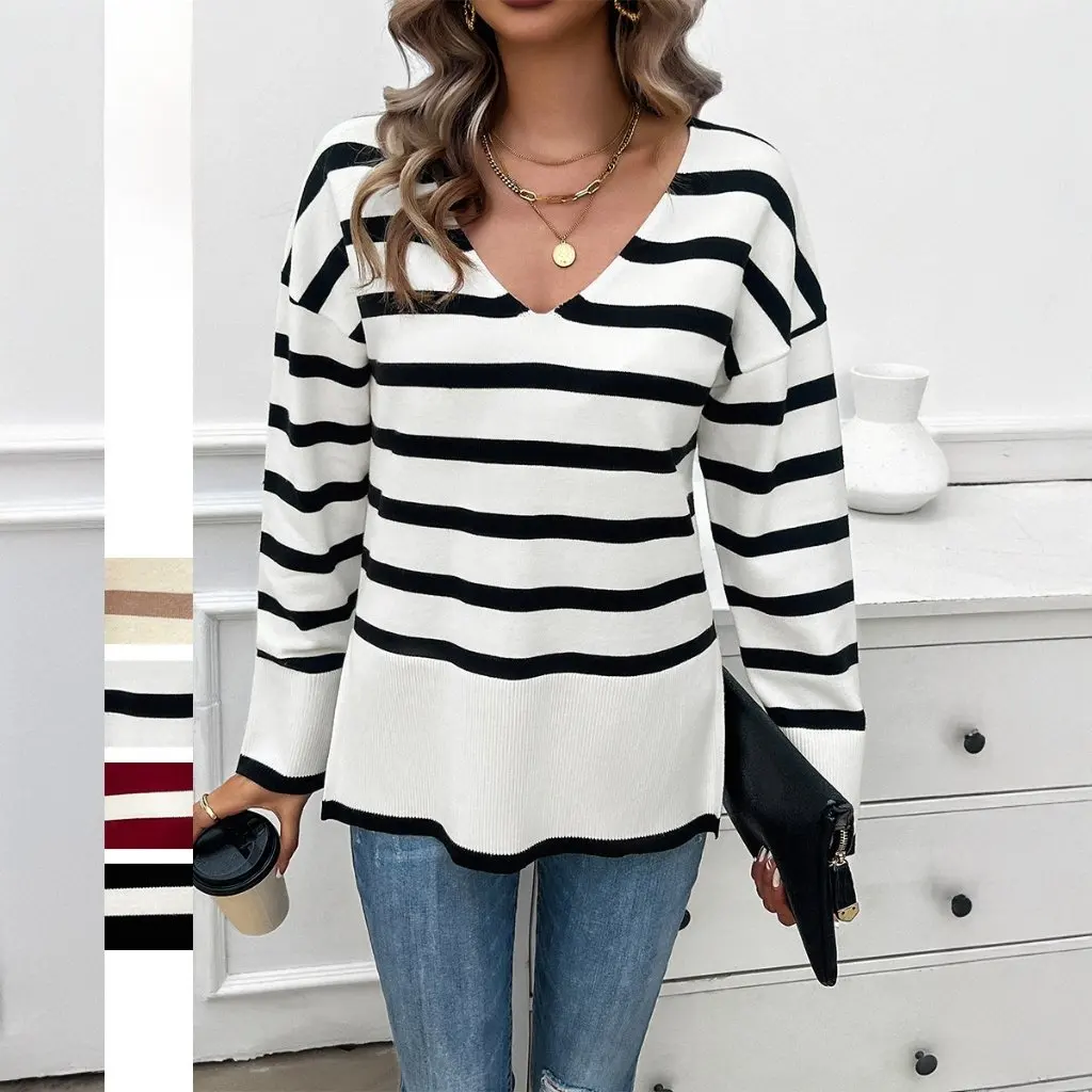 カイクオ レディース 長袖セーター 秋冬 エレガント Vネック ツートンストライプ ルーズフィット カジュアル 欧米風