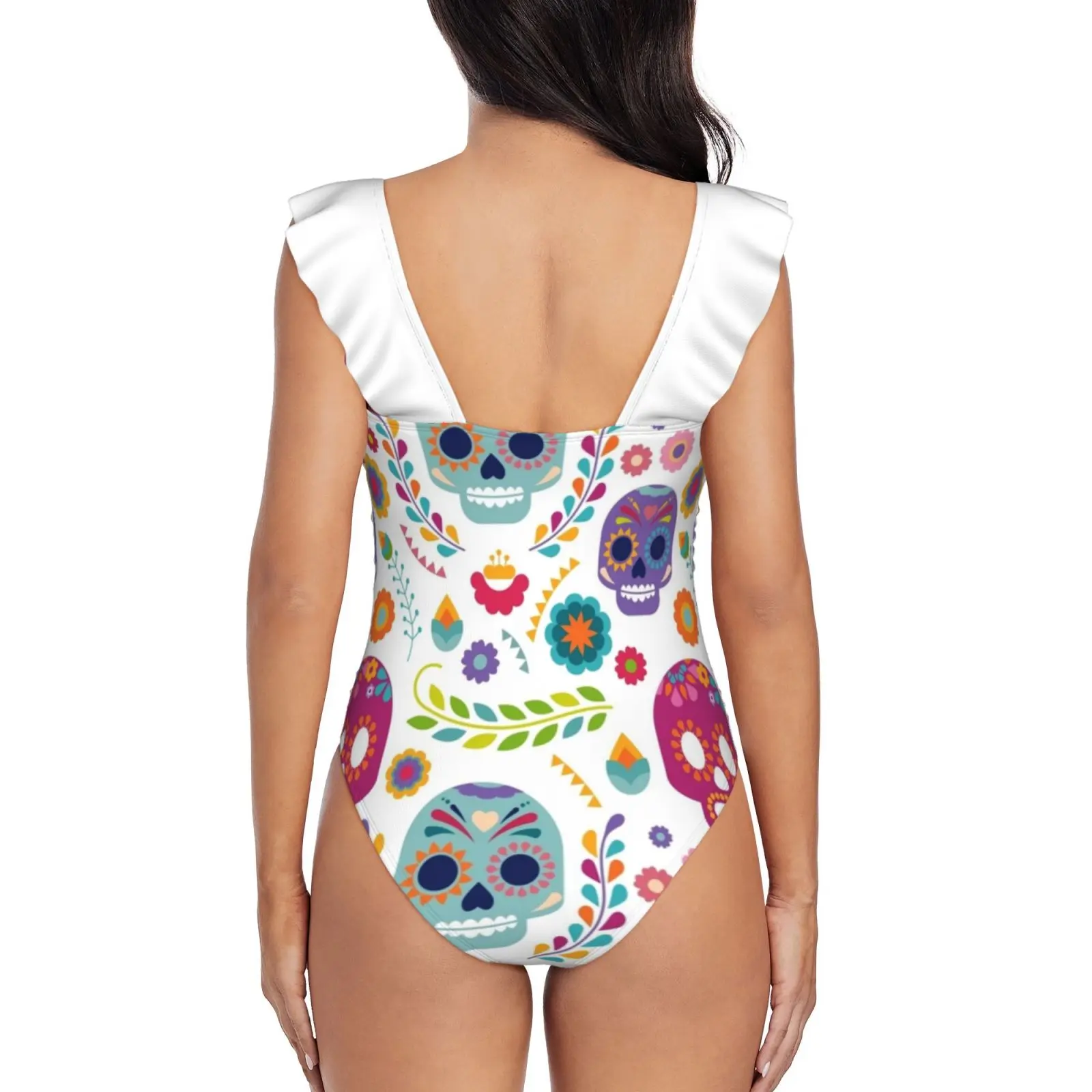 Skulls Sexy Ruffle Print Swimwear Women One Piece Swimsuit Female Monokini Bathing Suit Skull Day Of The Dead Death Coconut