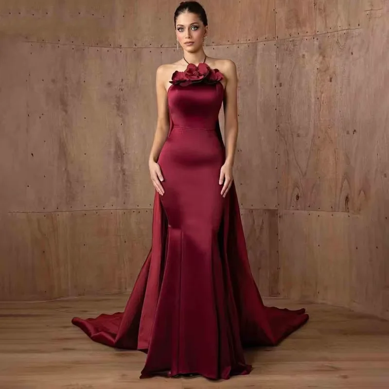 Meetlove الرسن حمالة الزهور حورية البحر مخصص الساتان الأحمر انفصال قطار بلا أكمام الطابق طول فساتين السهرة