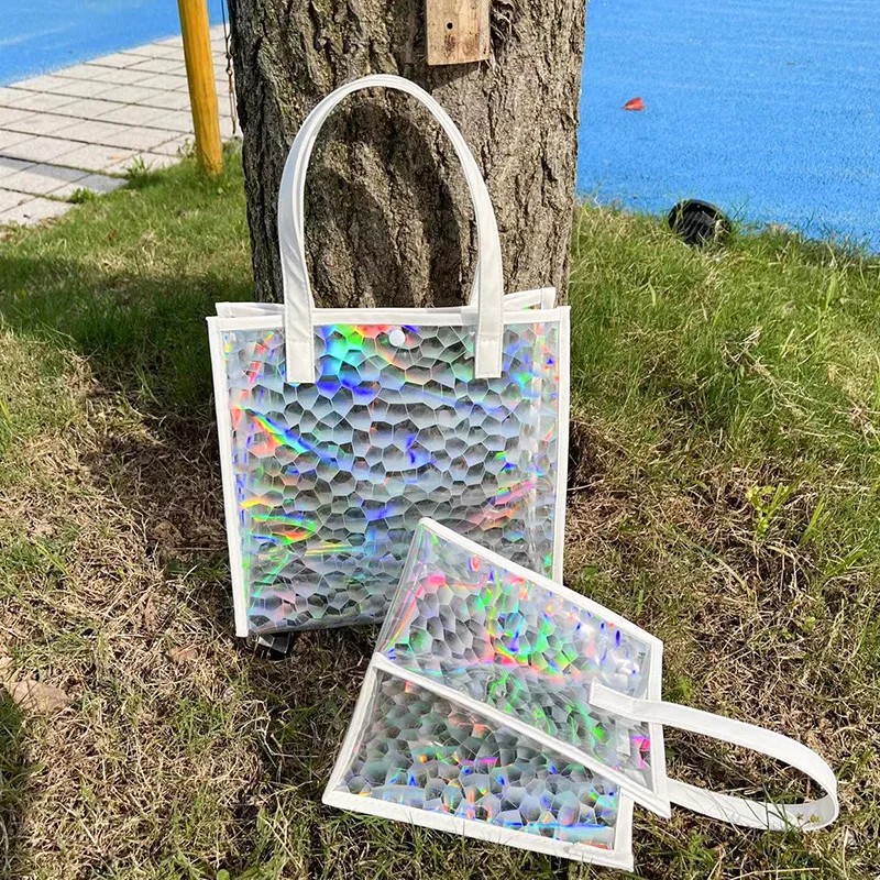 Laser Clear Tote Bag handbag Stadium Water-Resistant PVC Bag Plastic Gift Bags For Girls and Women,Transparent Shopping Bags