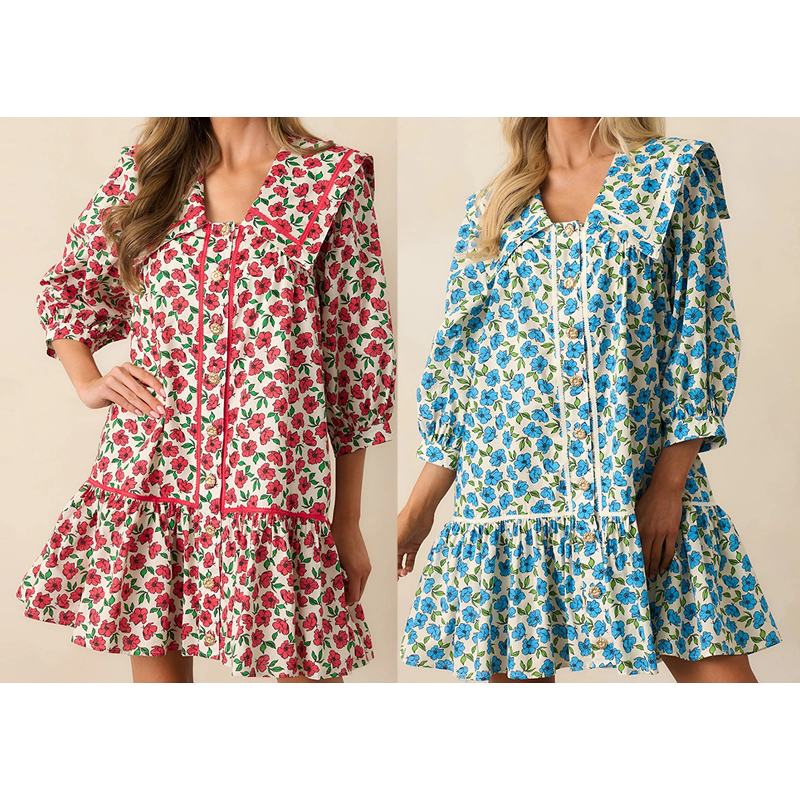 Sukienka damska Combhasaki w stylu boho, letnia, z rękawami 3/4 typu bufka, kołnierzykiem typu \"doll\", estetycznym kwiatowym nadrukiem, guzikami, falbanką na dole, luźna, krótka mini.