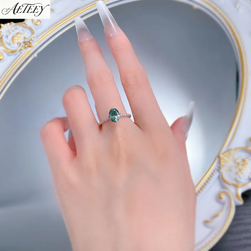 AETEEY S925 Silver 6*8MM Oval Green Tourmaline Pigeon Egg Ring Versatile Light Luxury Women Finger Jewelry