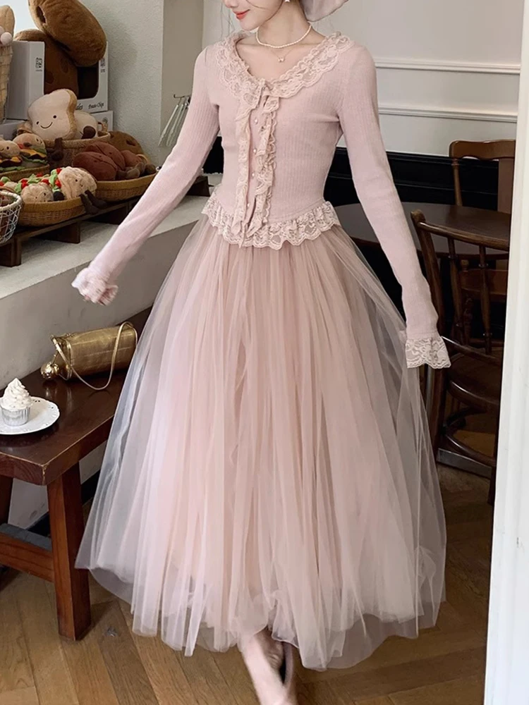 Primavera 2025 renda guarnição fino ajuste superior e me saia conjunto de duas peças vento suave nova chegada longo sve fibra poliéster faion conjunto