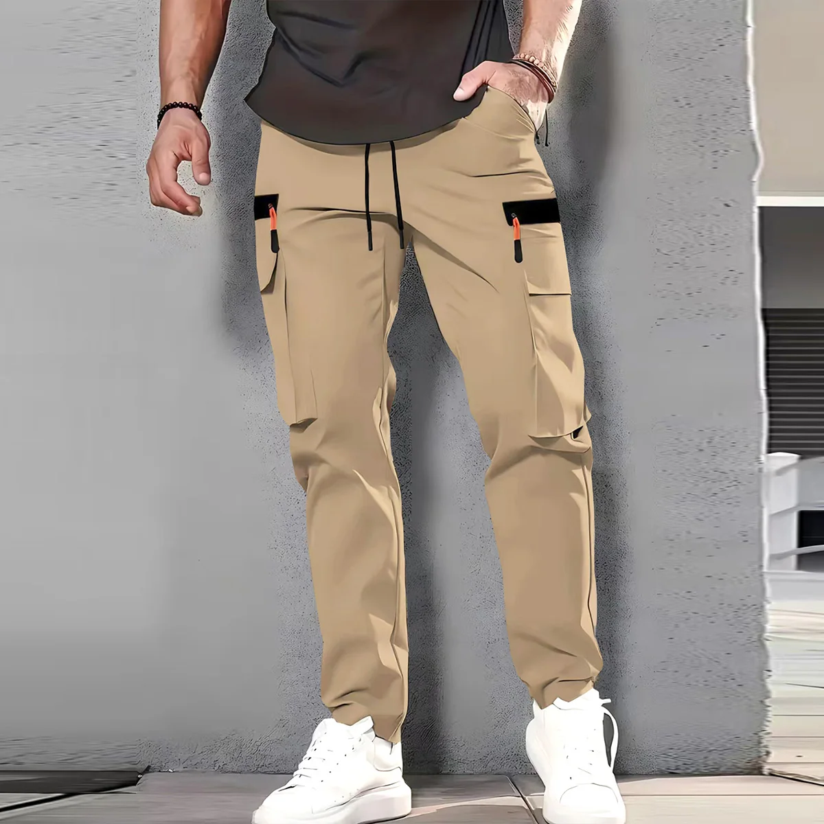 

Men's Spring/Summer New Multi-pocket Quick-dry Straight-leg Cargo Pants, Waterproof Fabric with Drawstring Design
