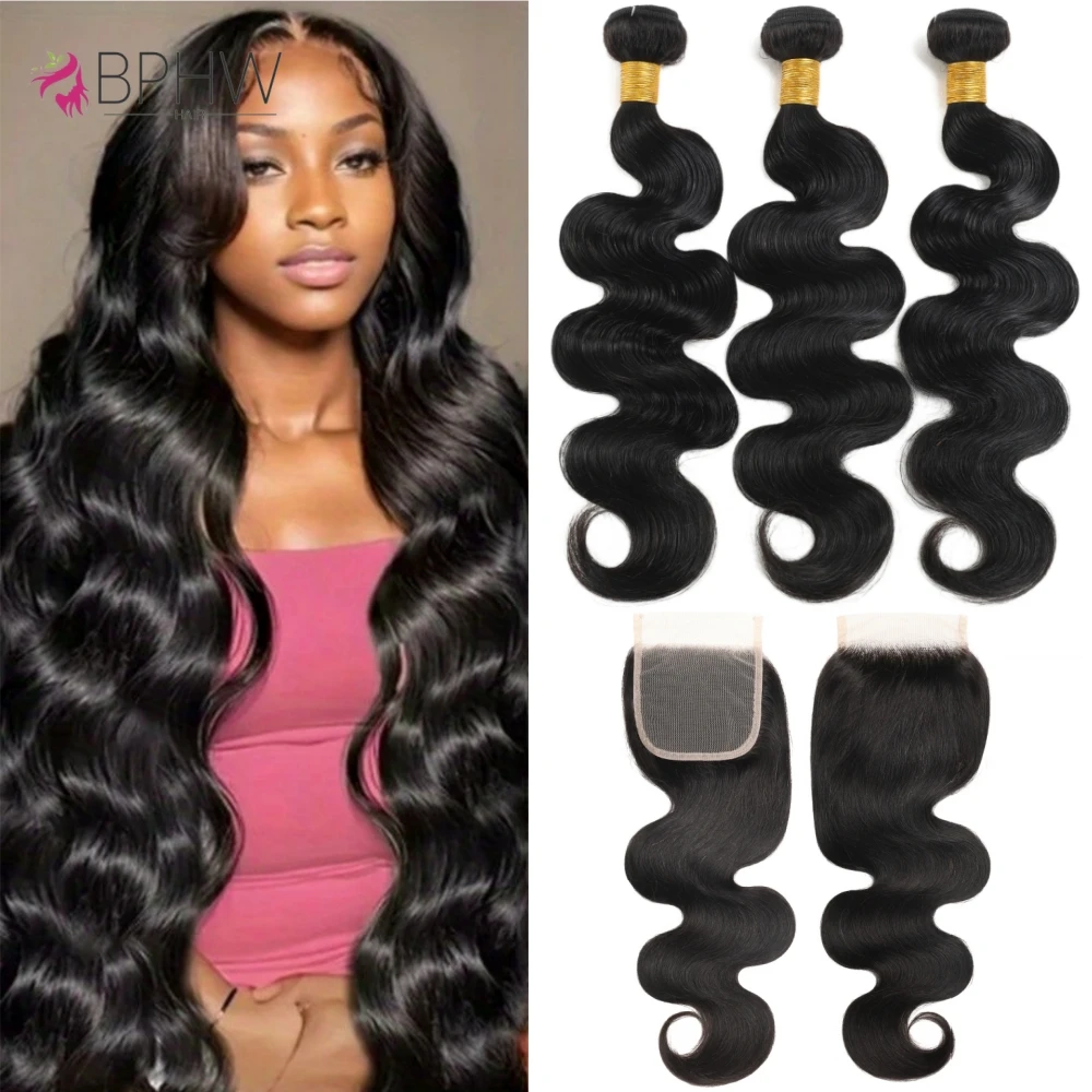 Body Wave Bundles With Closure 100% Human Hair Extensions Peruvian Hair Weave 12A Natural Color Virgin Hair For Black Women BPHW